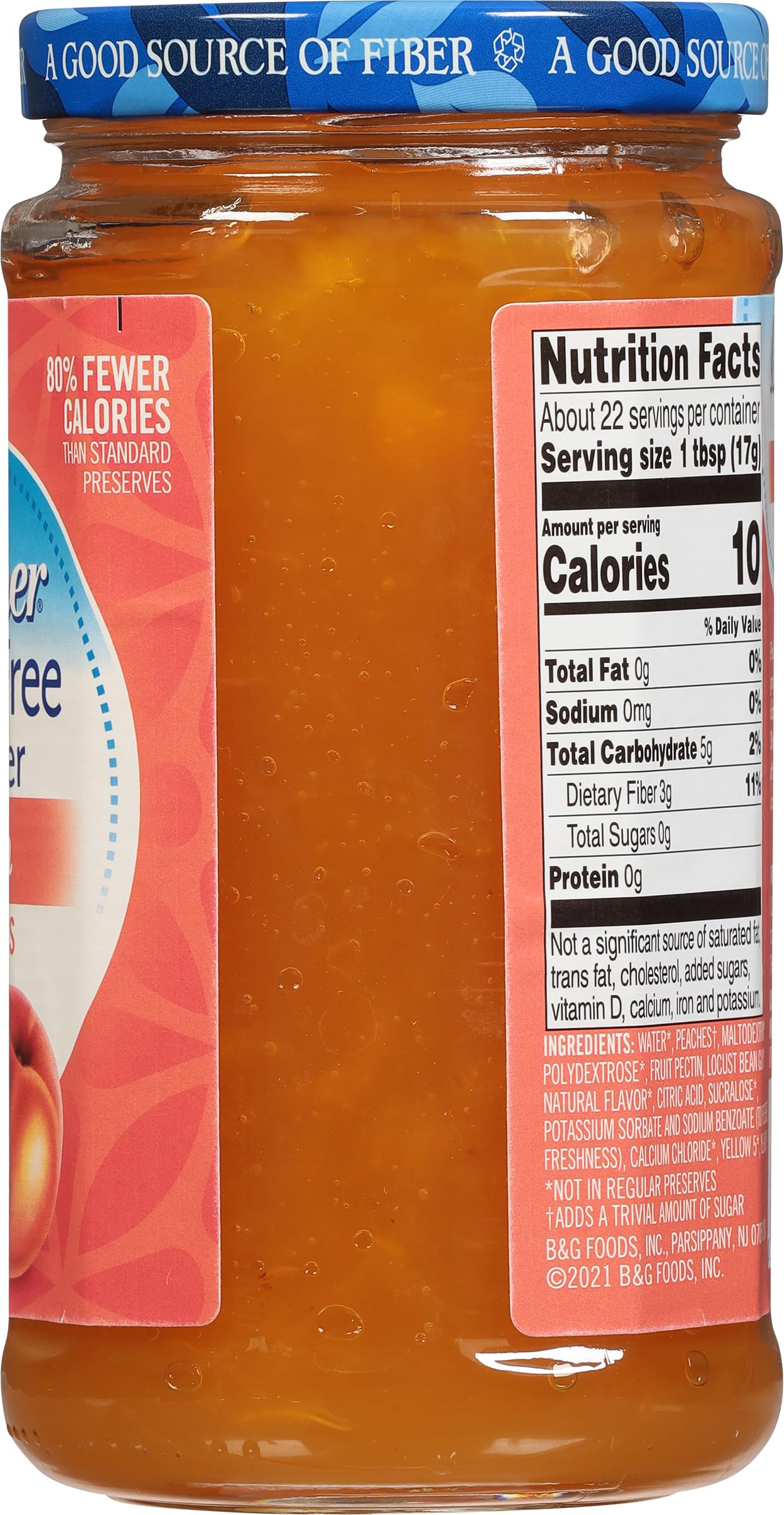 Slice of toast spread with Polaner peach jam showing bright fruit flavor