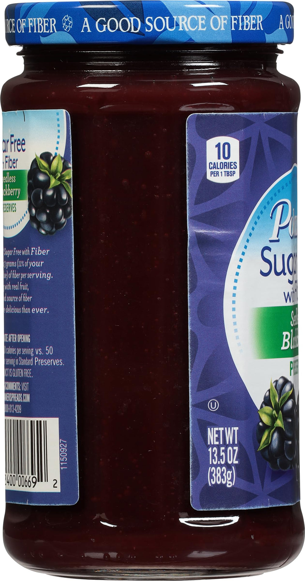 Polaner open jar revealing smooth seedless blackberry texture for easy spreading benefit