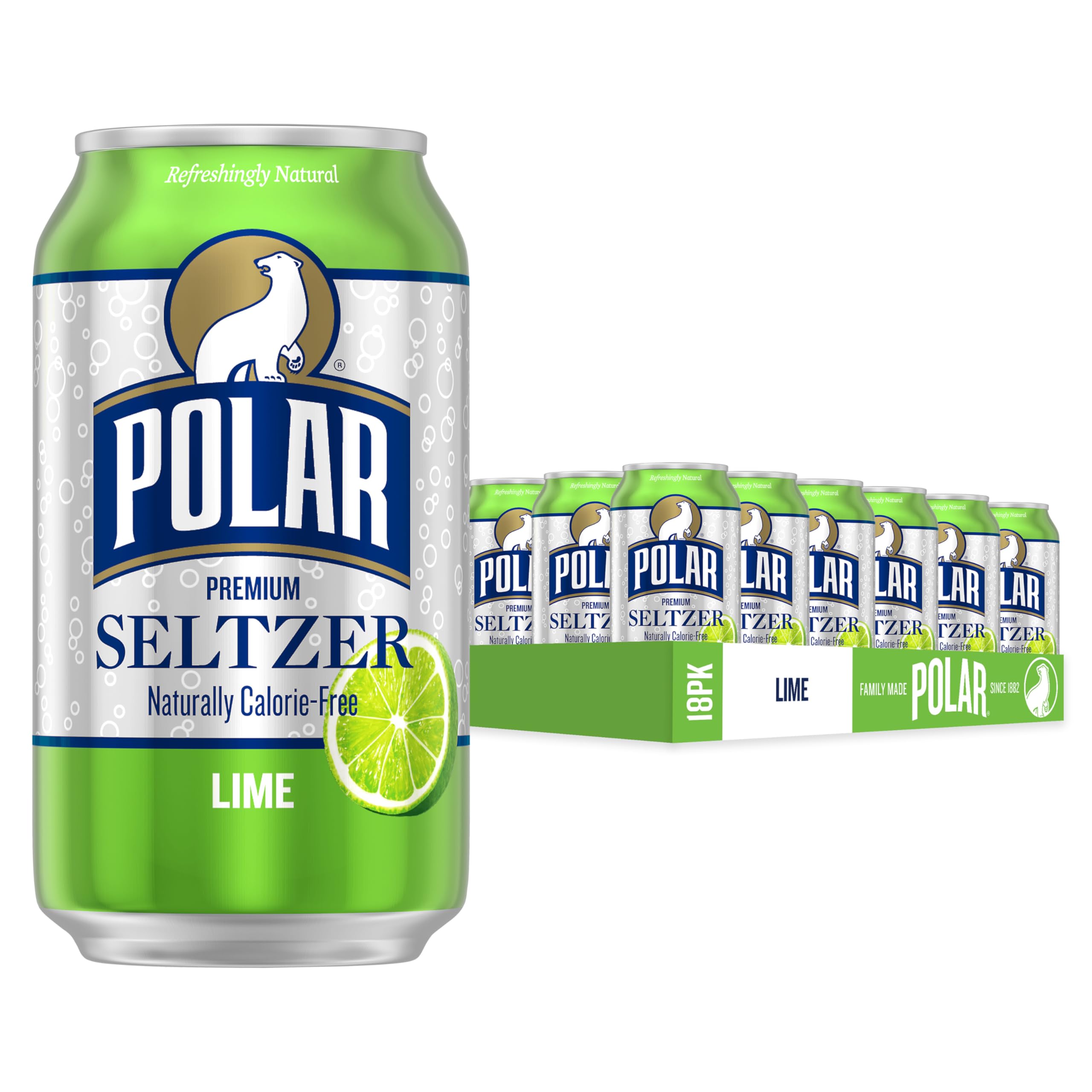 POLAR lime front packaging showing 18-pack and crisp branding for convenience