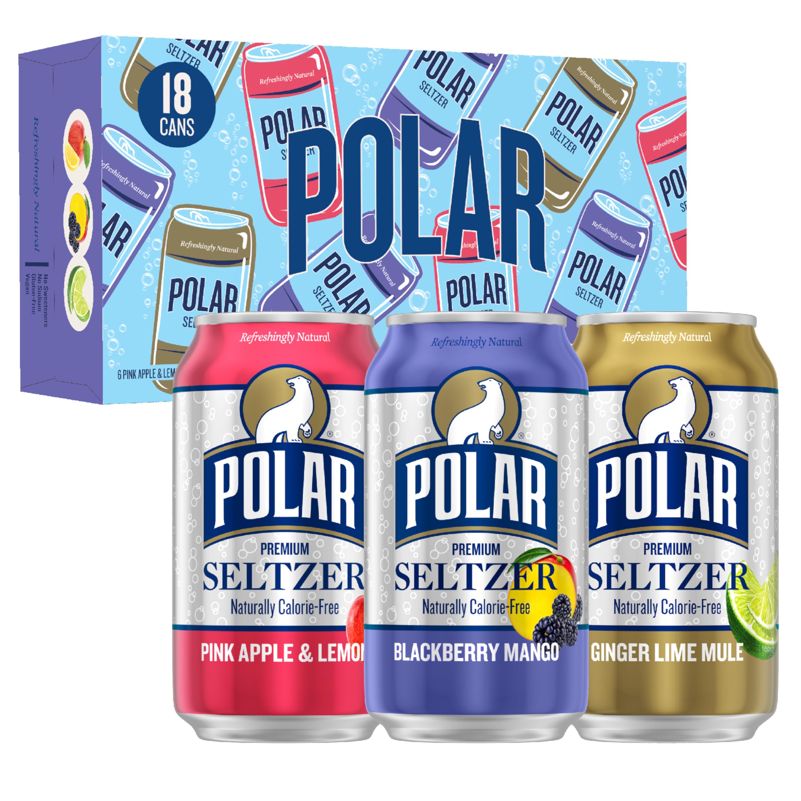 POLAR front view of variety pack showing three flavors and branding, convenient stock-up benefit