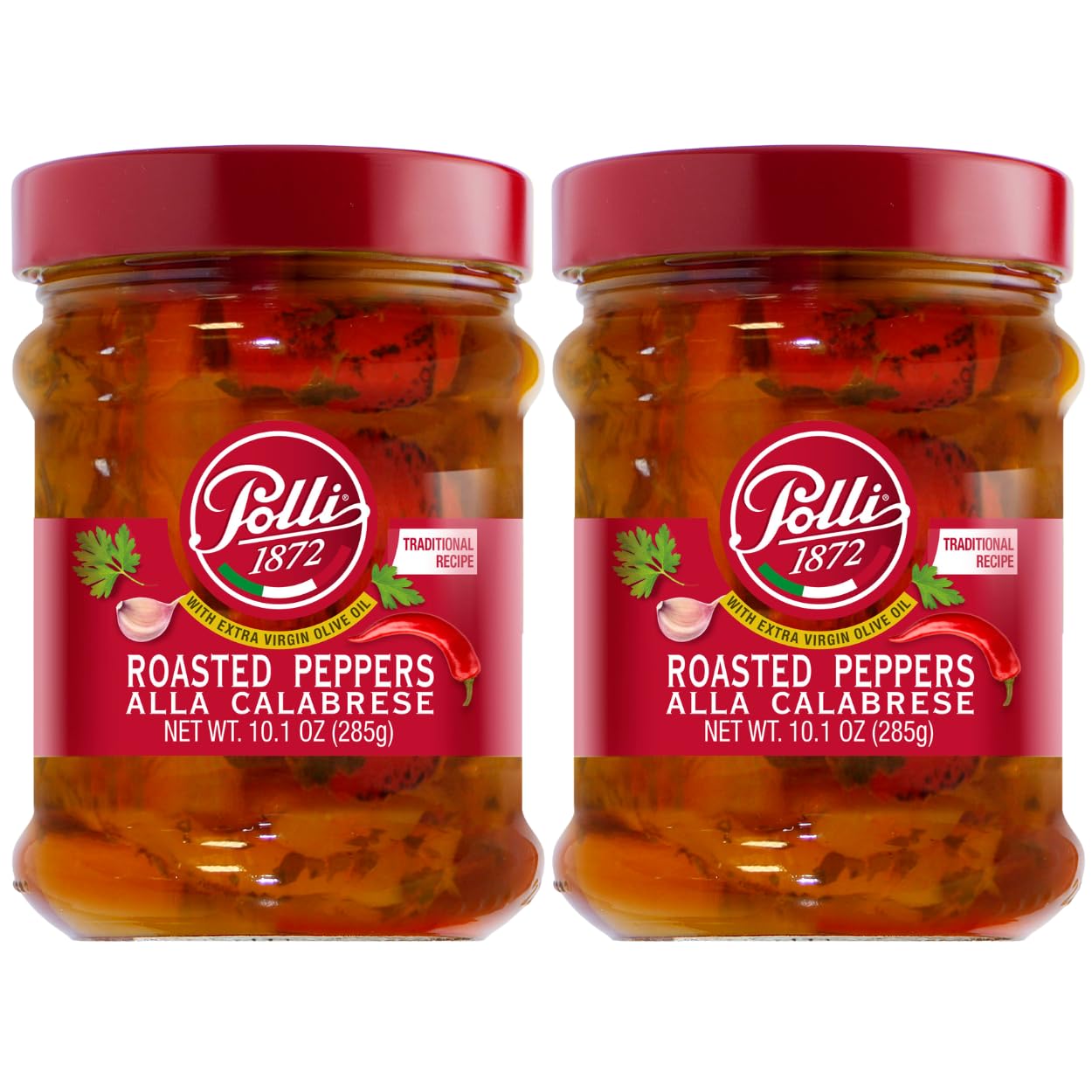 POLLI 1872 front jar view showing label and colorful peppers, highlights convenience