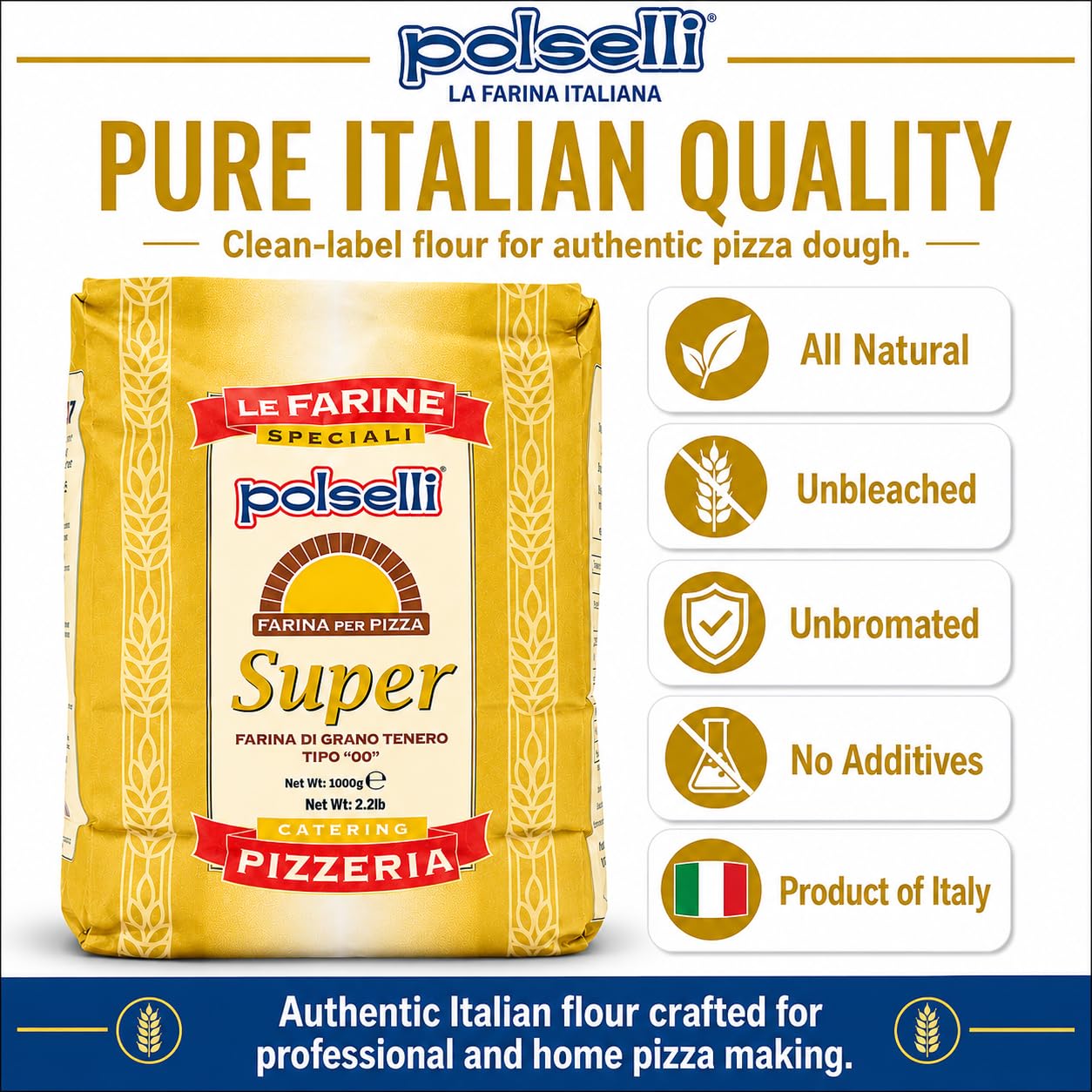 POLSELLI close-up of Type 00 flour texture highlighting fine, soft grind
