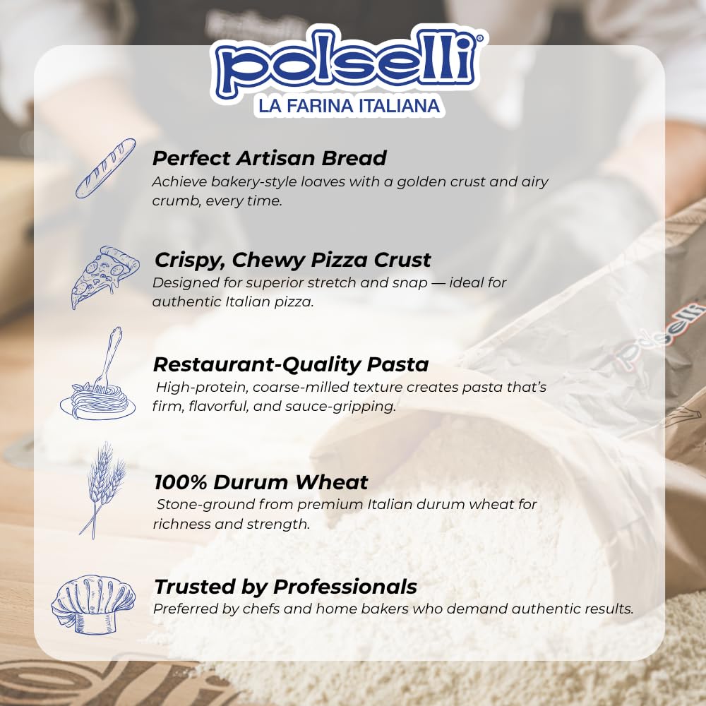 POLSELLI close-up of semola texture highlighting fine grind for consistent dough performance