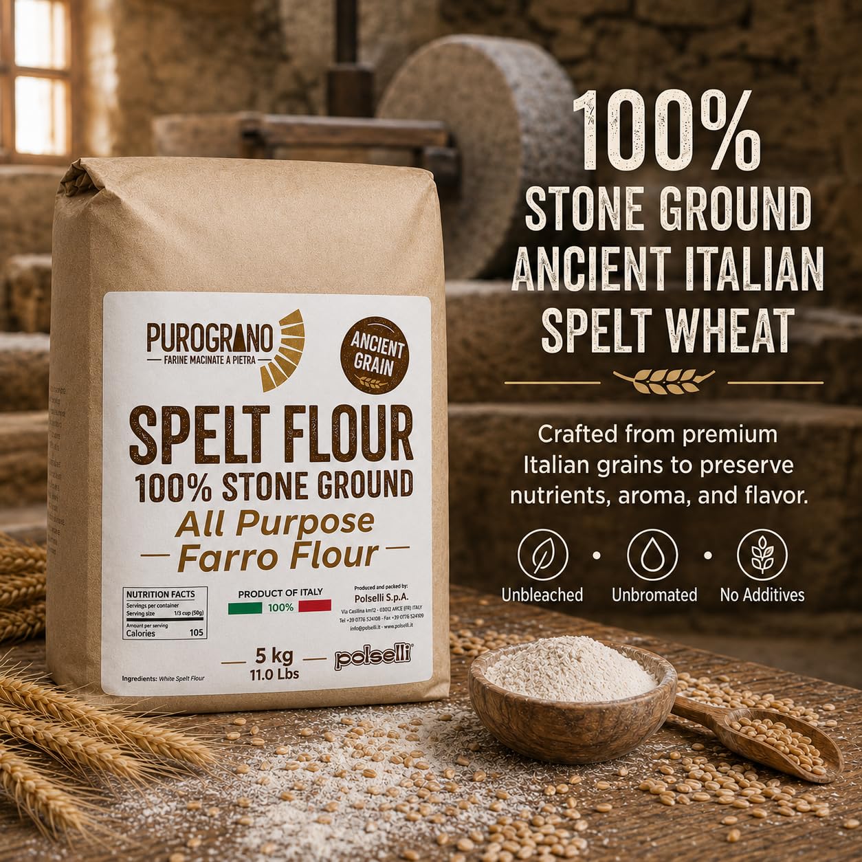 POLSELLI close-up of stone-ground farro flour texture showing whole-grain nutrition