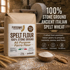 POLSELLI close-up of stone-ground farro flour texture showing whole-grain nutrition