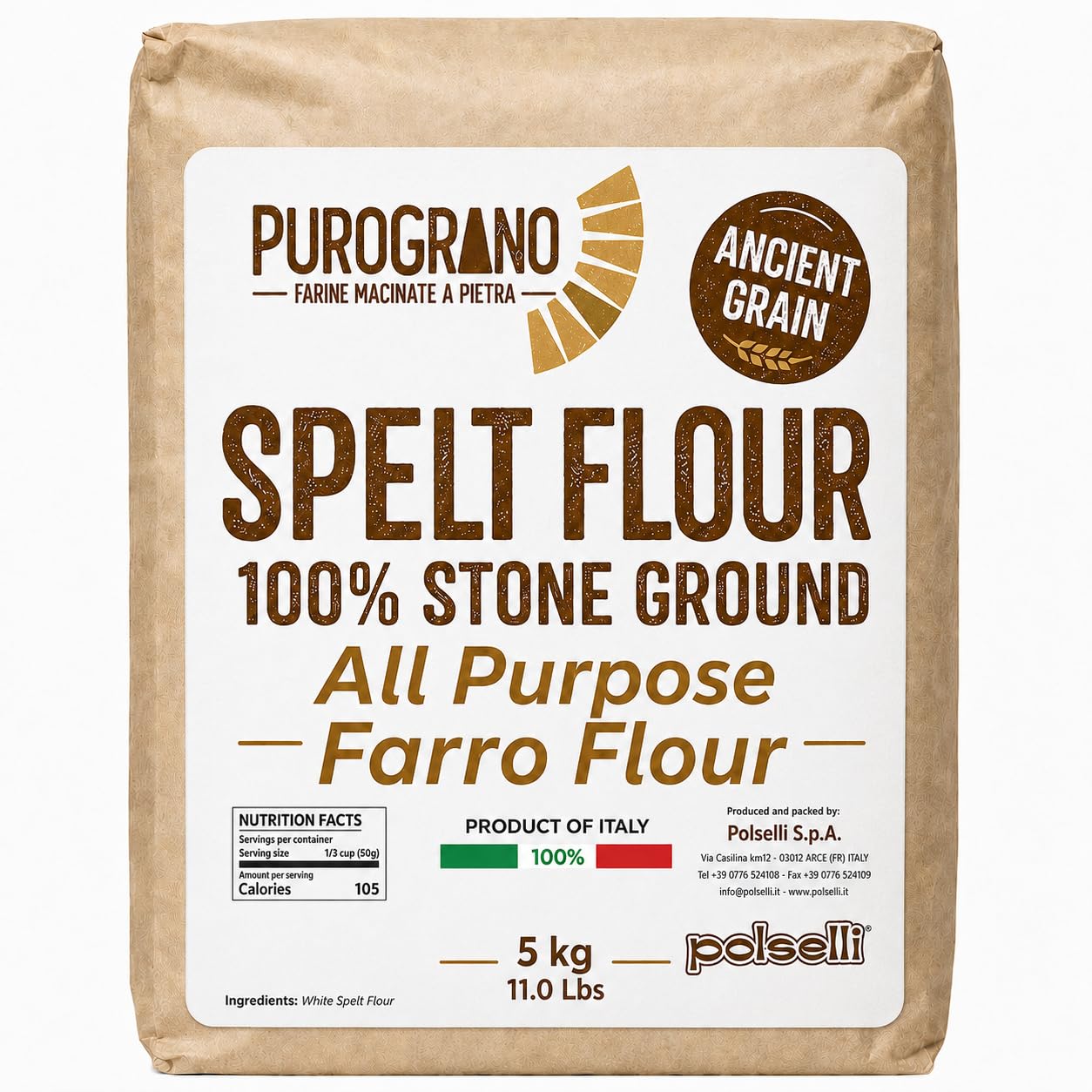 POLSELLI front packaging showing 5 kg bag and clear labeling benefit traceable Italian milling