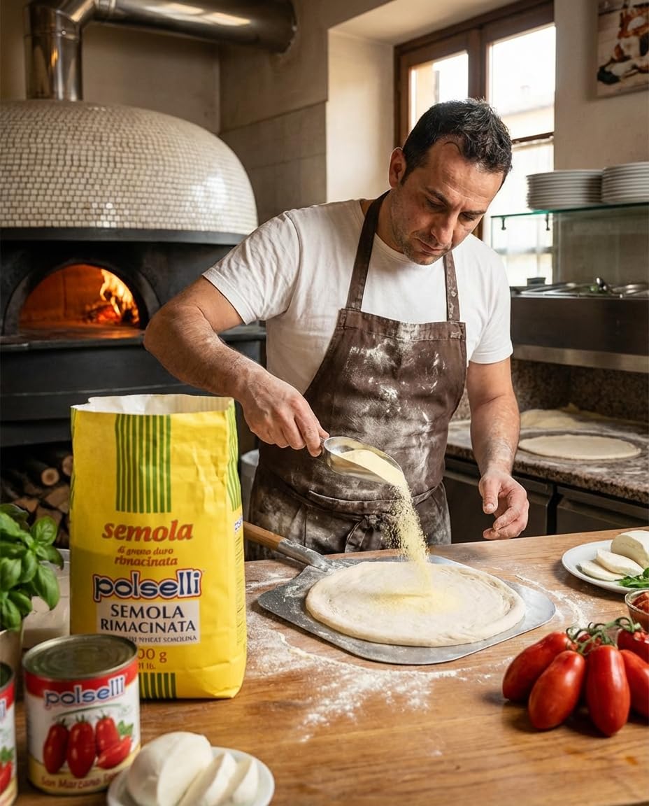 POLSELLI semola pizza crust close-up showing crisp, golden exterior benefit
