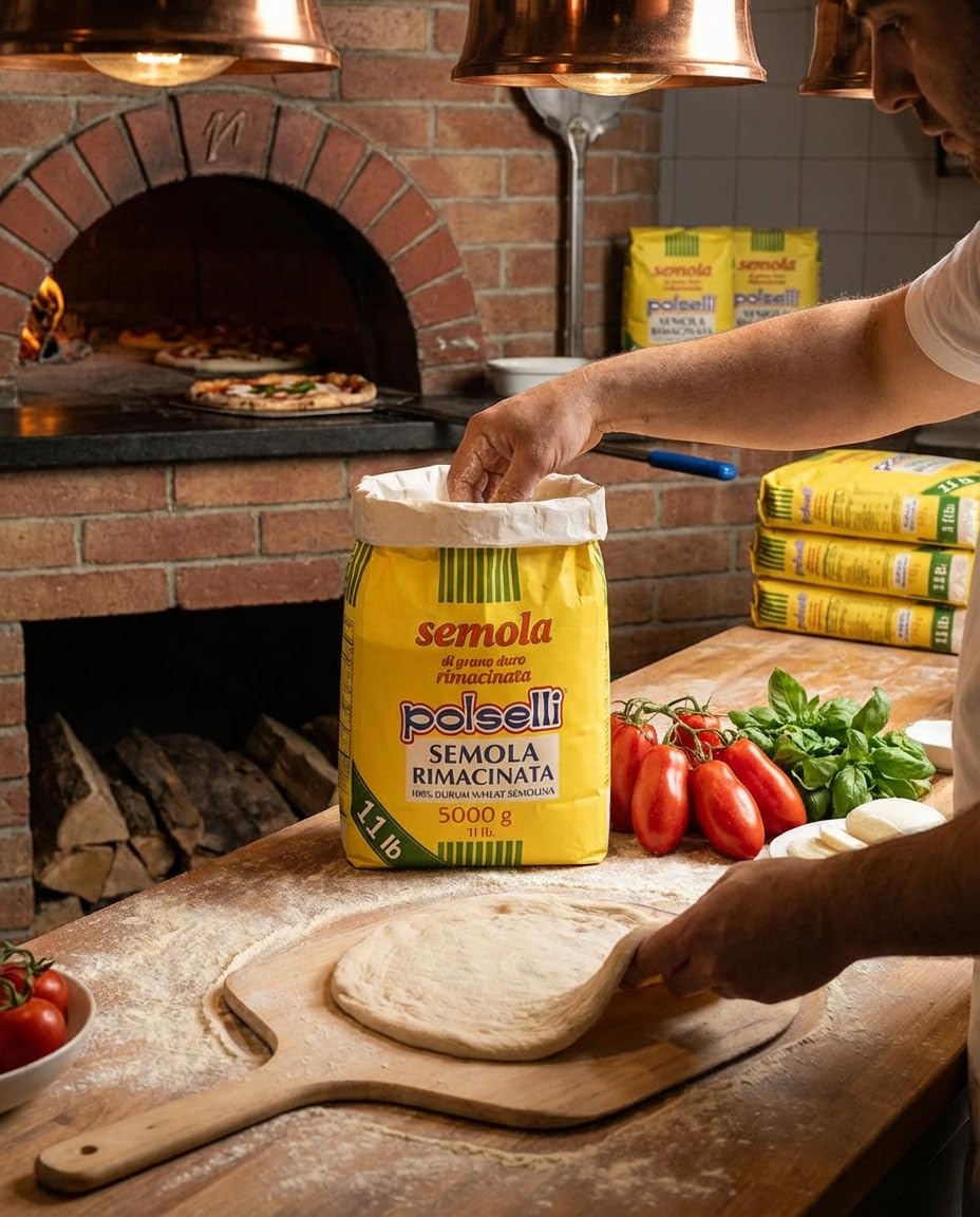 POLSELLI semolina scoop and scale showing 5 kg volume and professional portioning benefit