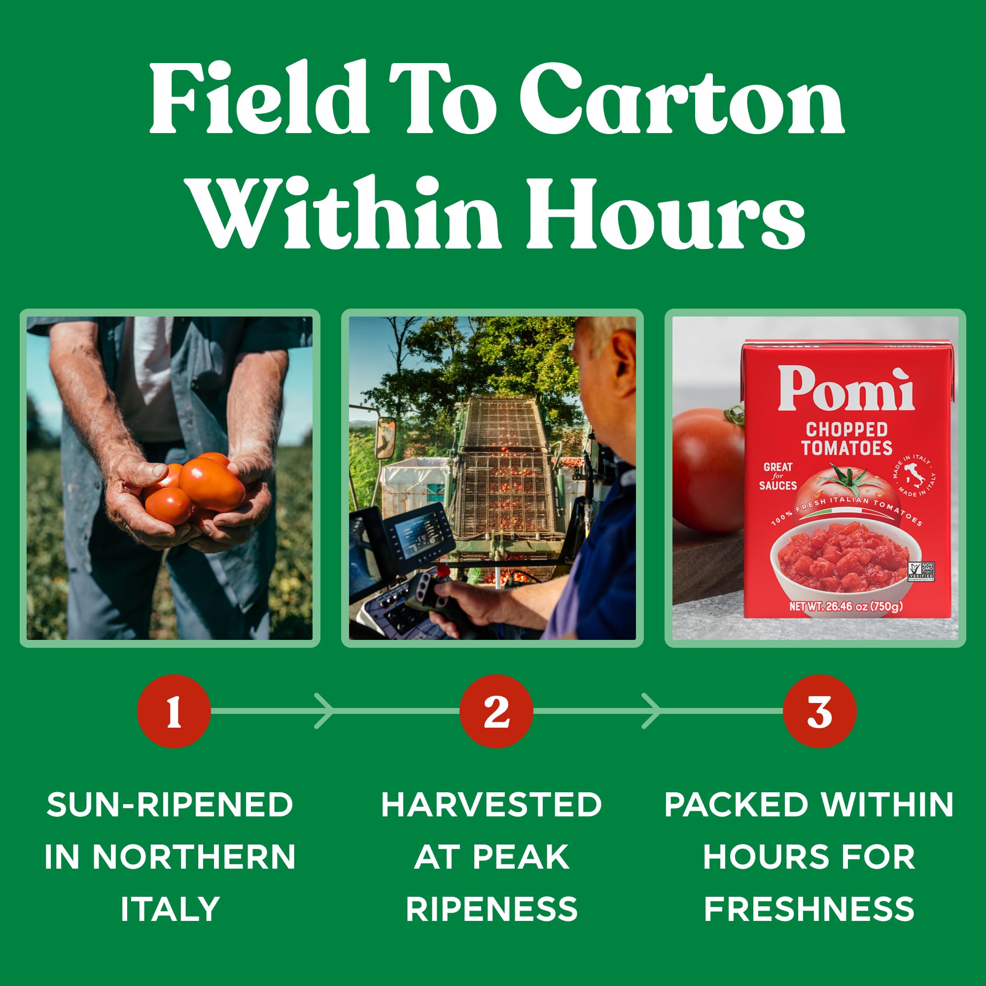 Pomì ingredient claim panel showing 100% Italian tomatoes benefit