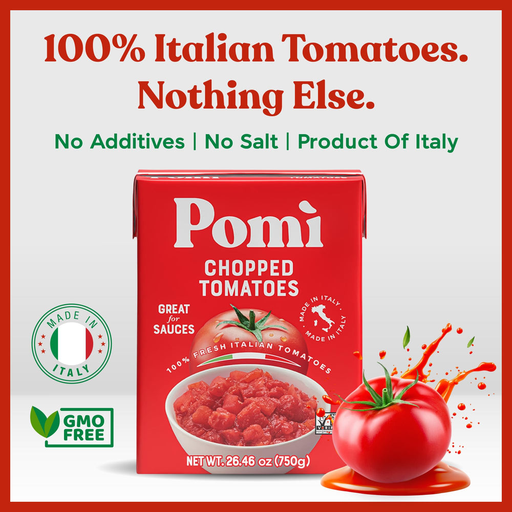 Pomì carton pouring tomatoes into pan for fast meal preparation