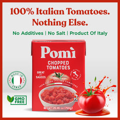 Pomì carton pouring tomatoes into pan for fast meal preparation
