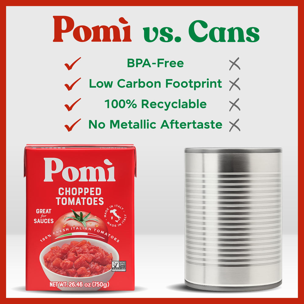 Stacked Pomì cartons in pantry illustrating convenient bulk storage