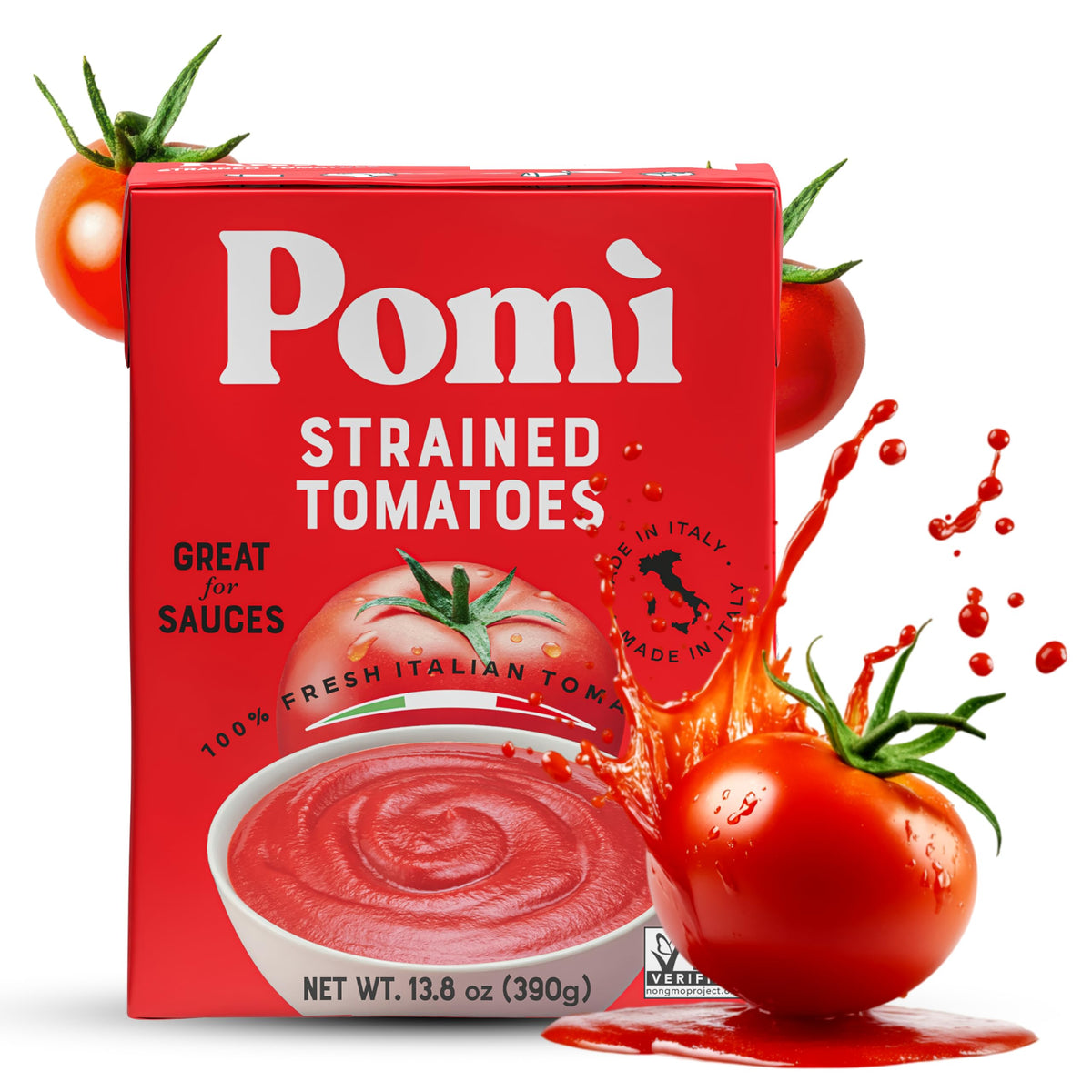 Pomì front packaging 13.8oz carton showing brand and size, easy pantry use