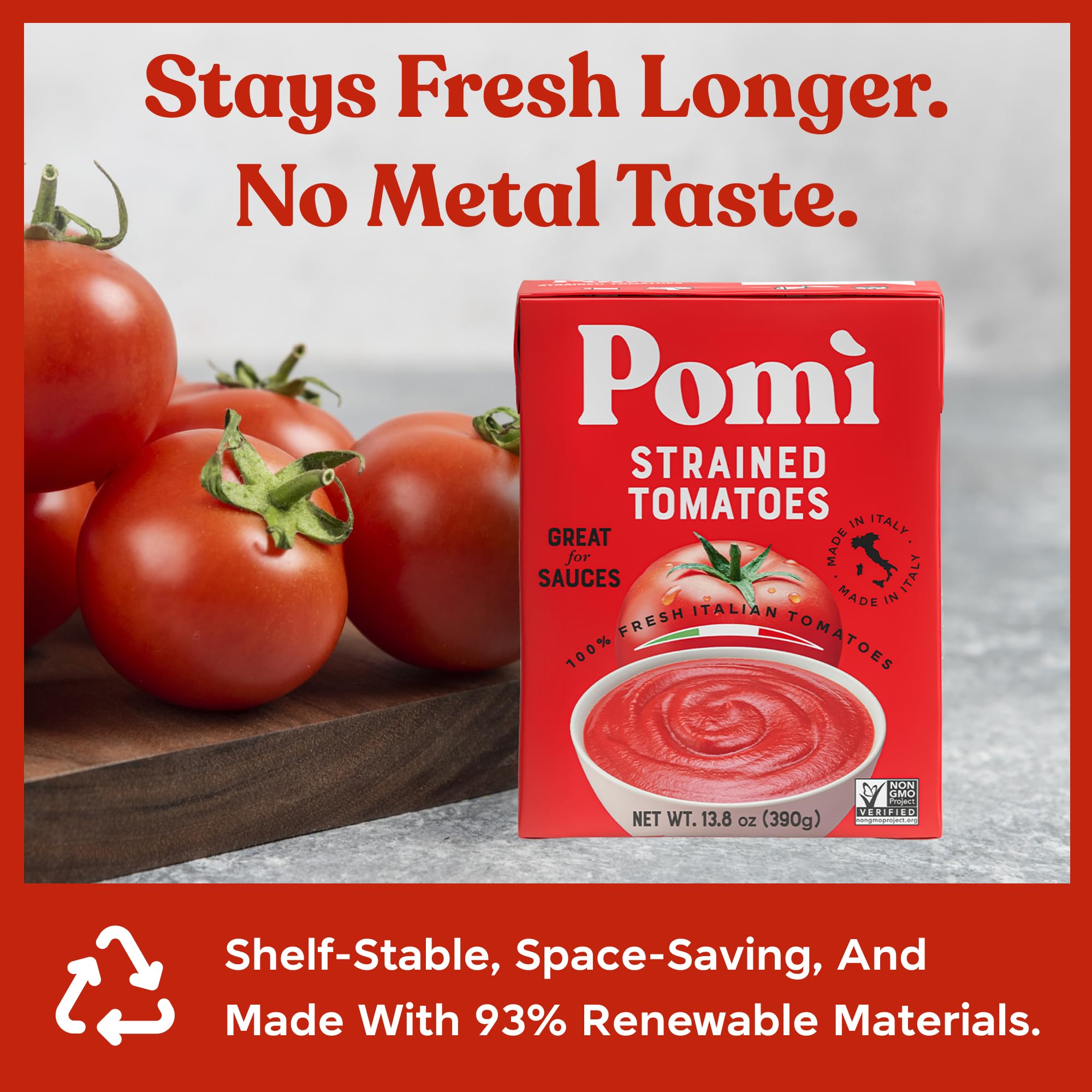 Pomì portion next to measuring spoon showing easy portion control benefit