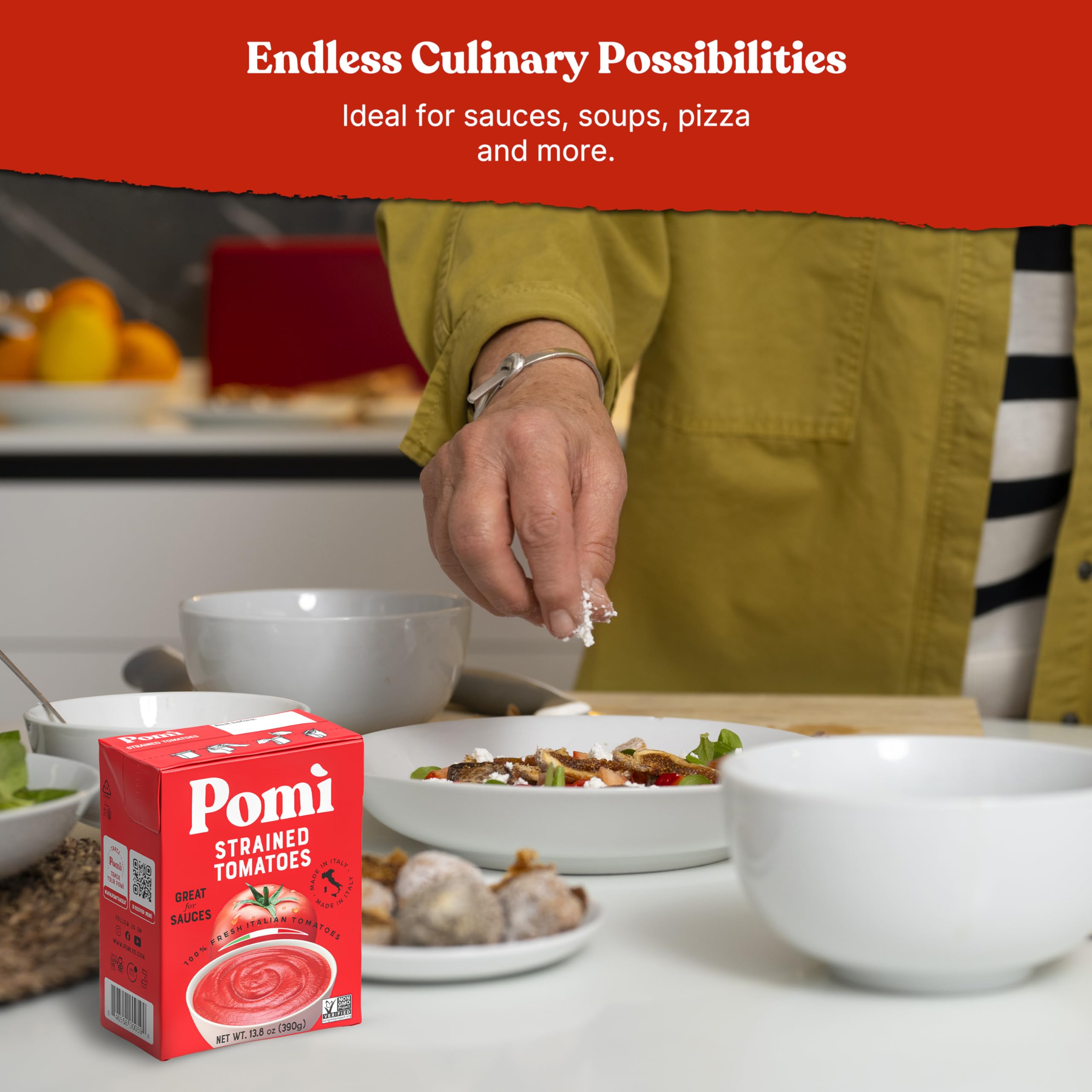 Pomì finished tomato sauce in bowl illustrating rich flavor and versatile use