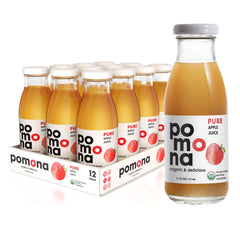 Pomona Organic Apple Juice front packaging showing label and organic badge for clarity