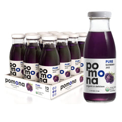 Pomona Organic blackberry juice front packaging showing label and certifications for informed choice