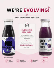 Pomona Organic blackberry juice close-up of glass bottle texture highlighting pure cold-pressed clarity