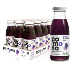 Pomona Organic front bottle showing label and organic blueberry clarity for trust