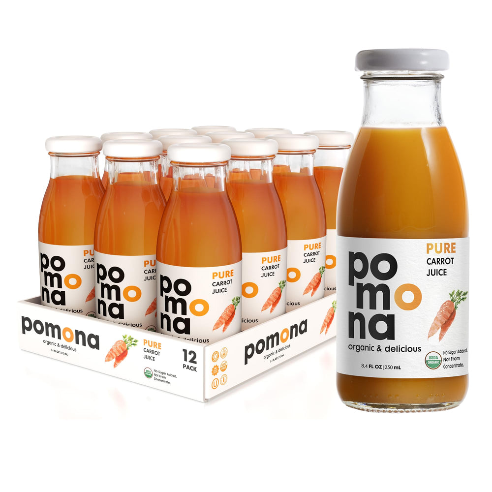 Pomona Organic bottle front view showing clear carrot juice and branding benefit freshness