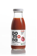 Pomona Organic Juices bottle beside a hand showing convenient 8.4 oz size