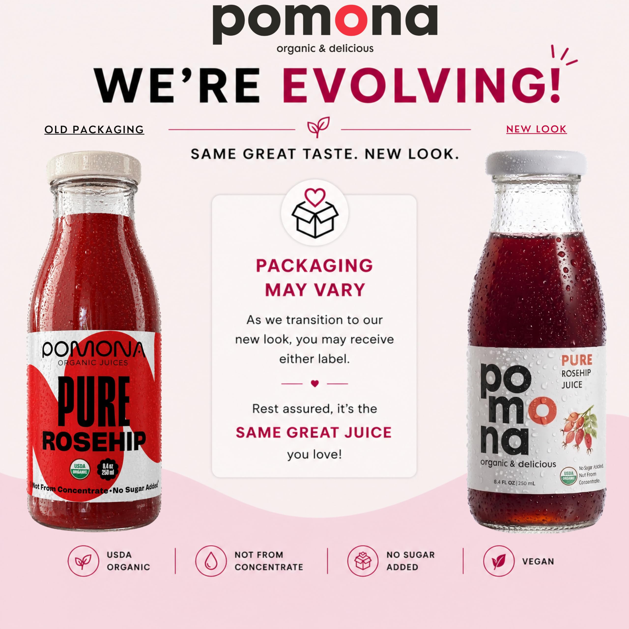Pomona Organic Juices pouring rosehip juice into glass highlighting rich color and flavor