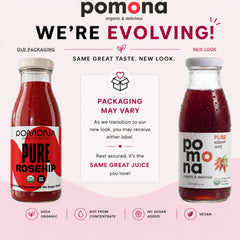 Pomona Organic Juices pouring rosehip juice into glass highlighting rich color and flavor
