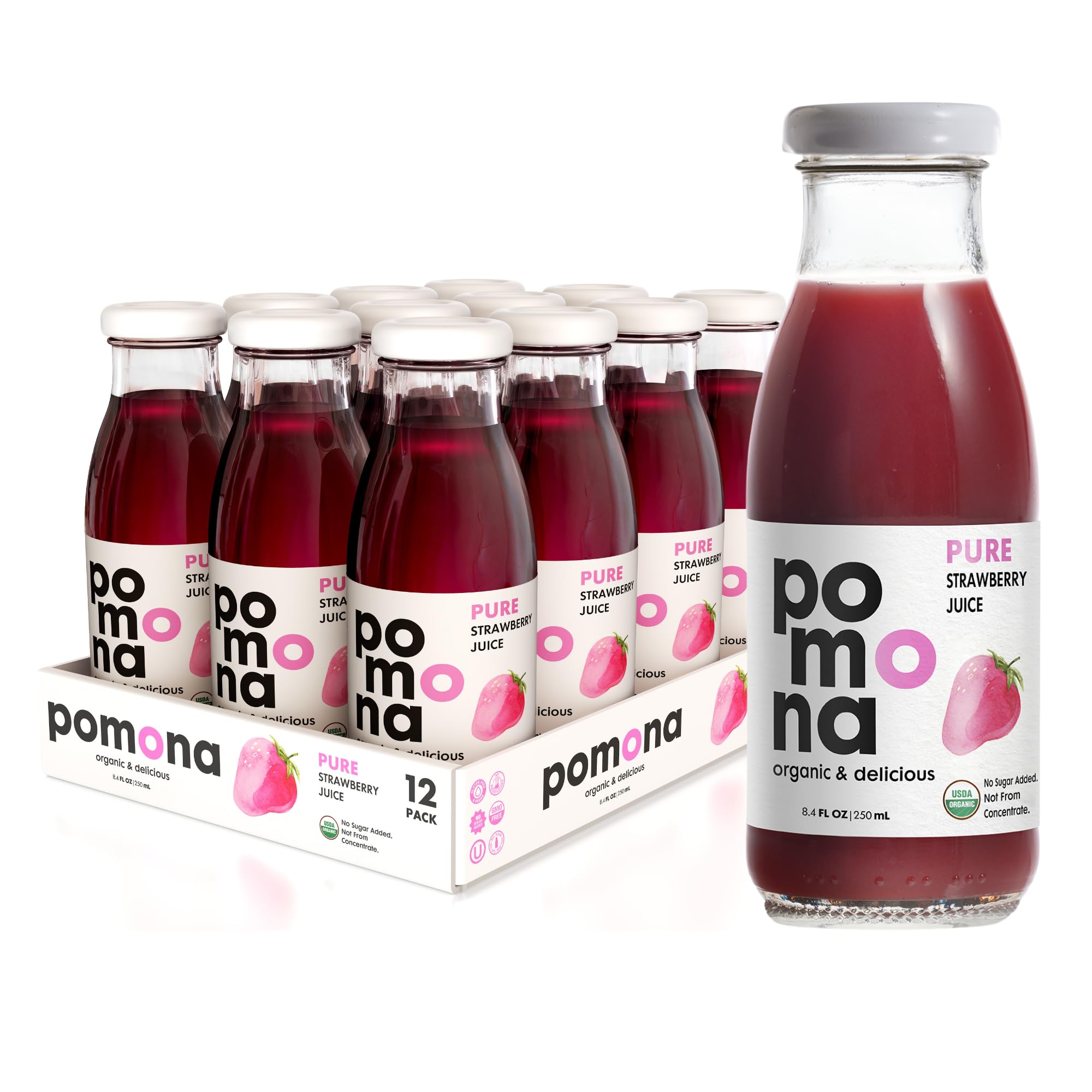 Pomona organic front packaging showing 12 glass bottles and clear strawberry juice benefit freshness