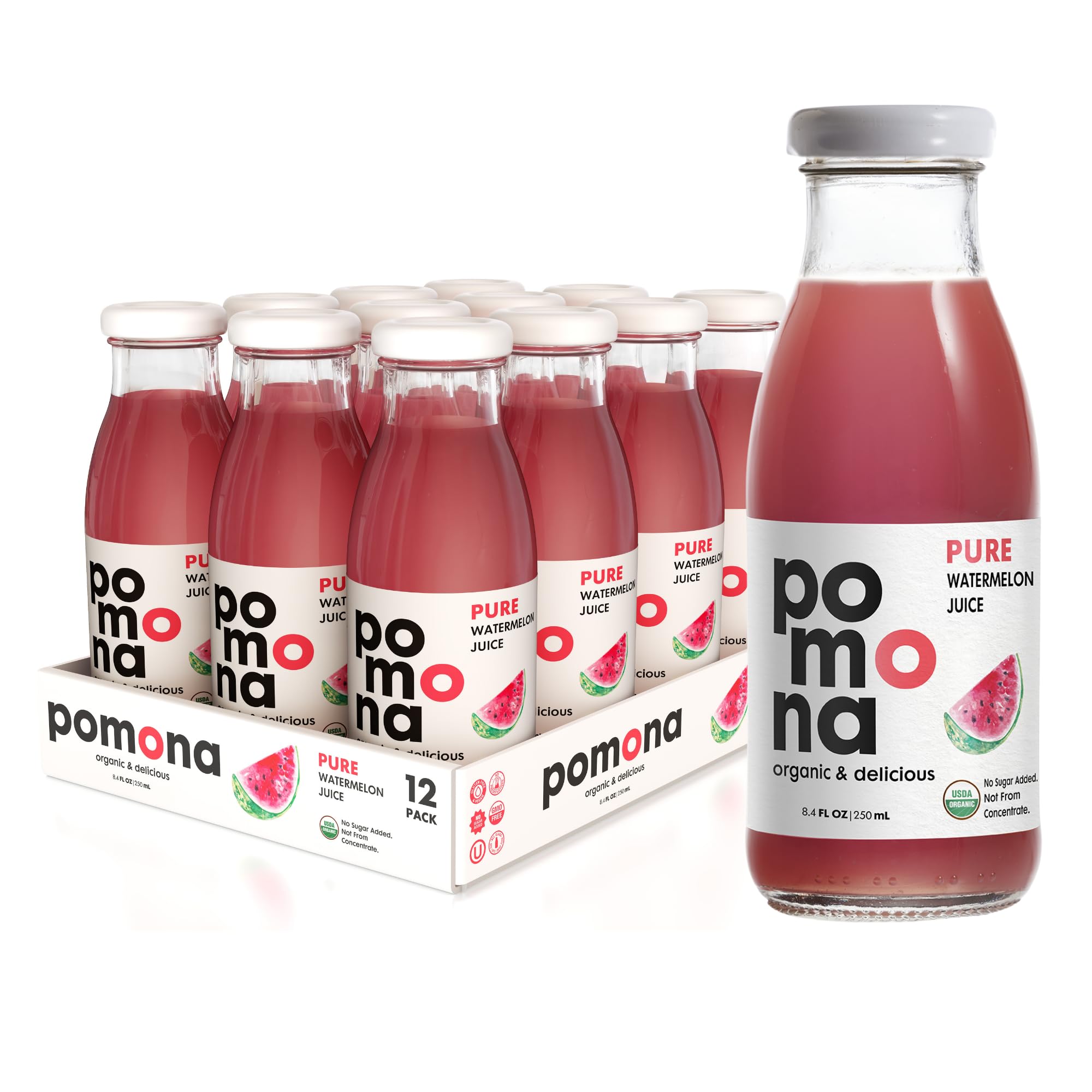 Pomona Organic juices front packaging showing cold-pressed watermelon benefits