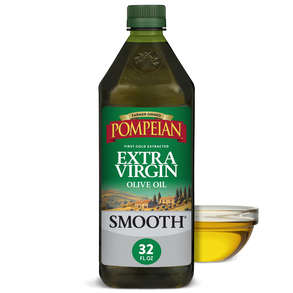 Pompeian bottle front 32oz showing packaging and easy-pour benefit