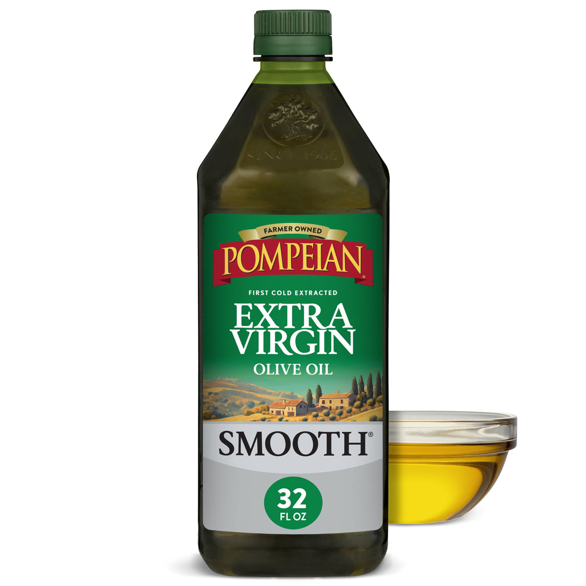 Pompeian bottle front 32oz showing packaging and easy-pour benefit