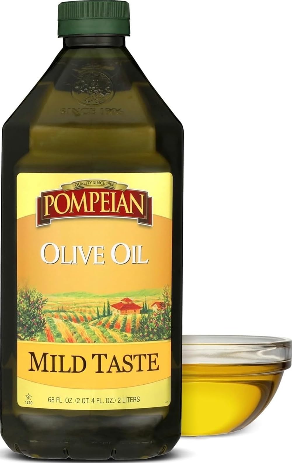 Pompeian bottle front view showing 2 L size and mild flavor benefits