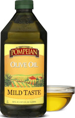 Pompeian bottle front view showing 2 L size and mild flavor benefits