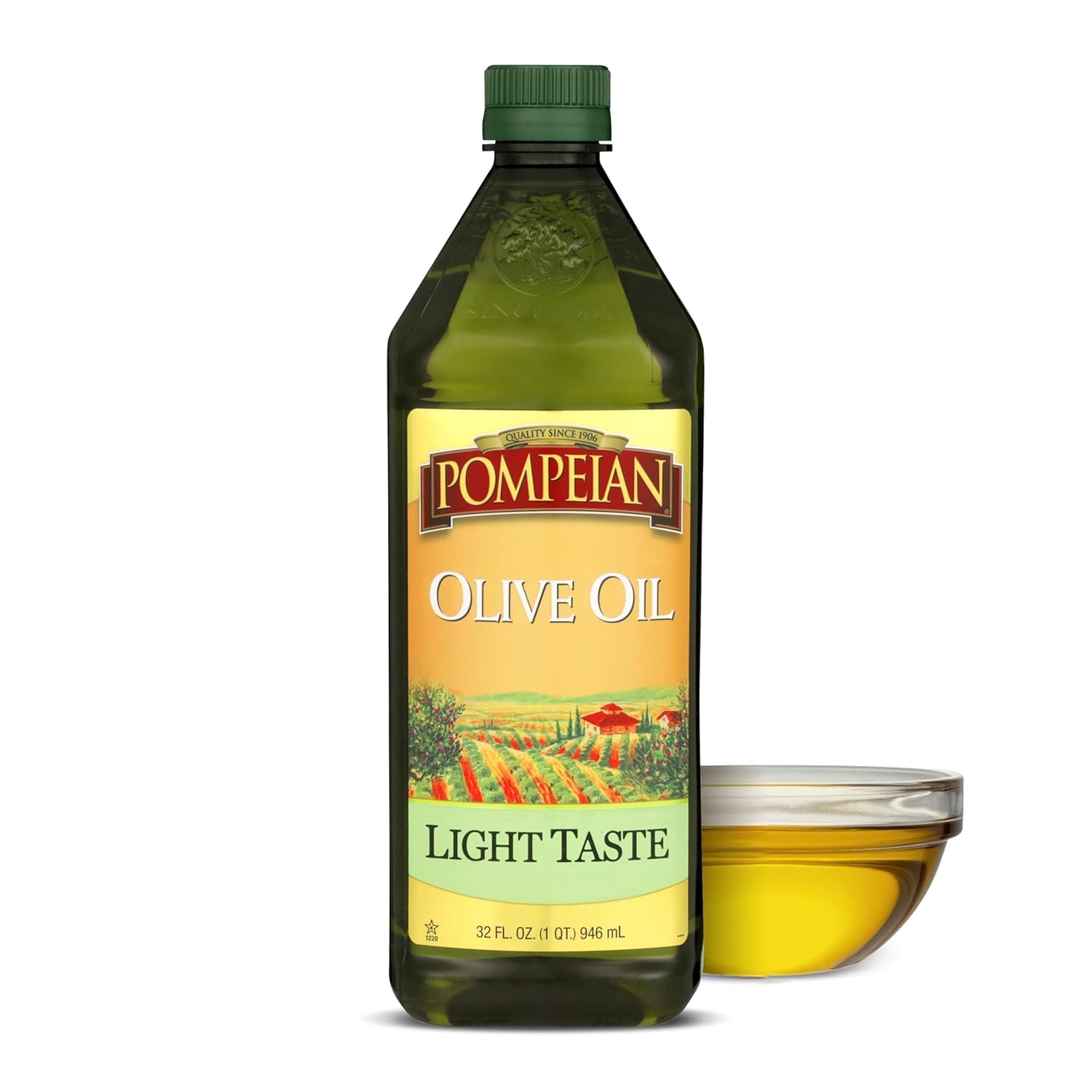 Pompeian front label showing 32 fl oz bottle and clear branding benefit clarity