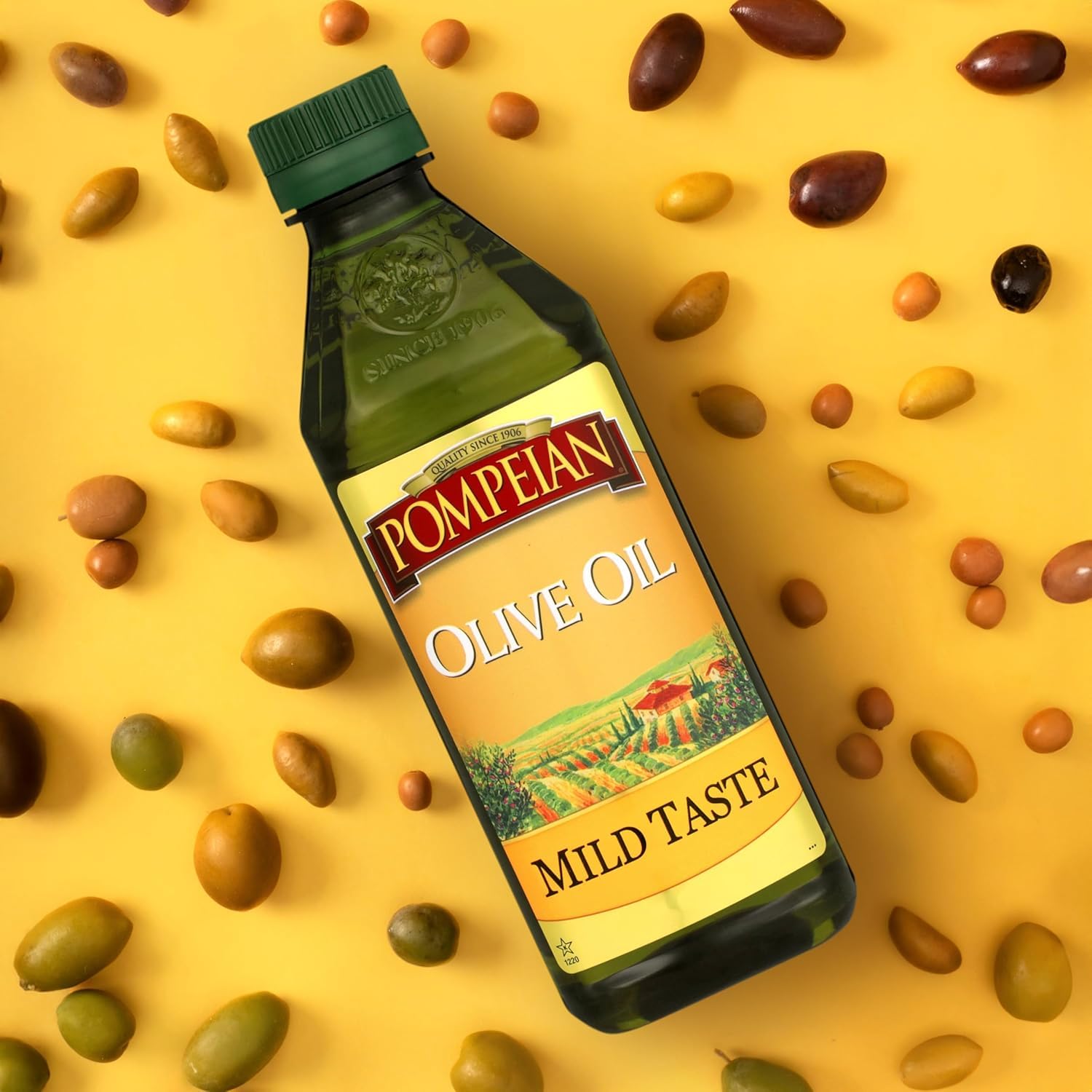 Pantry shelf with Pompeian bottle displaying everyday cooking reliability