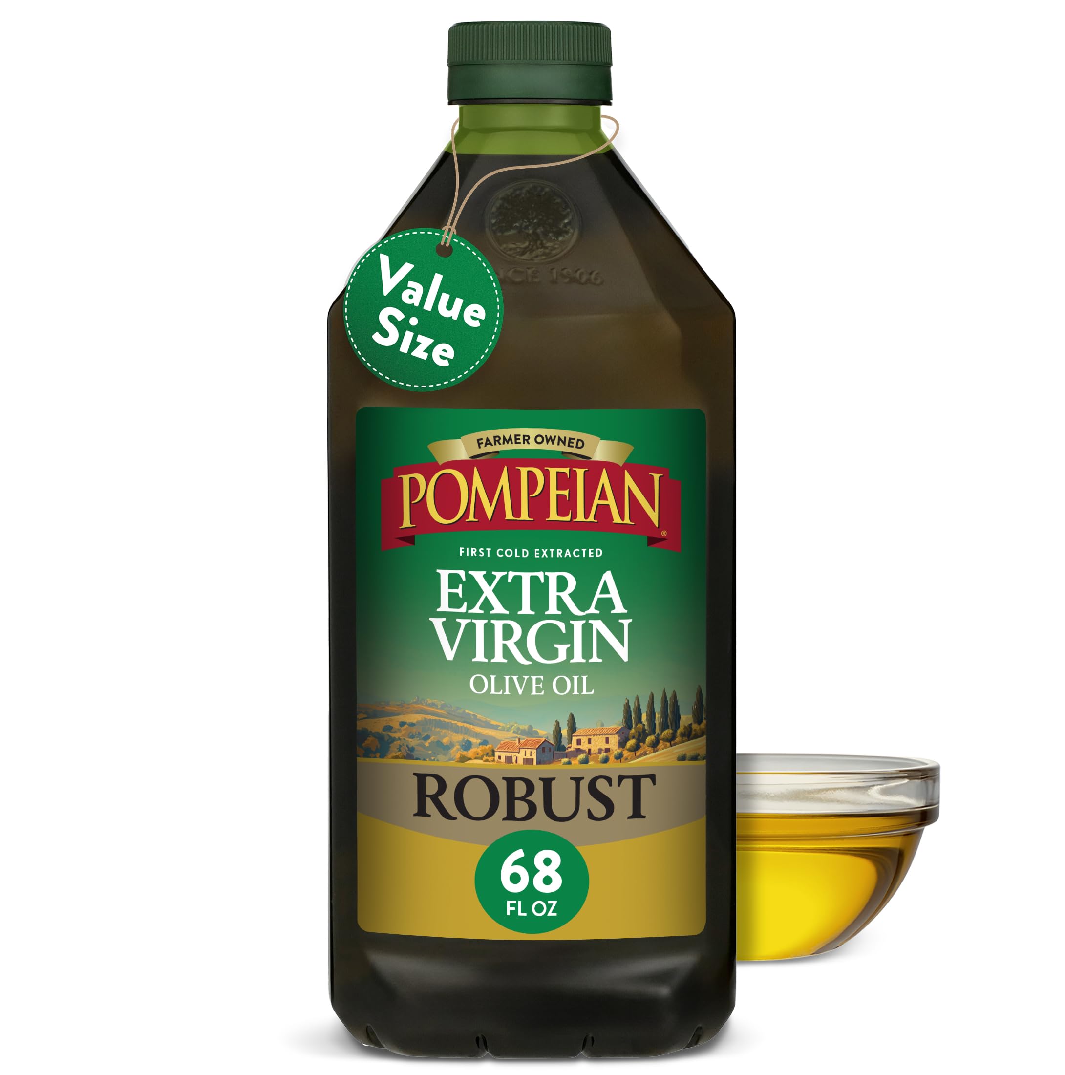 Pompeian robust extra virgin olive oil front packaging showing bold label and container benefit: easy recognition