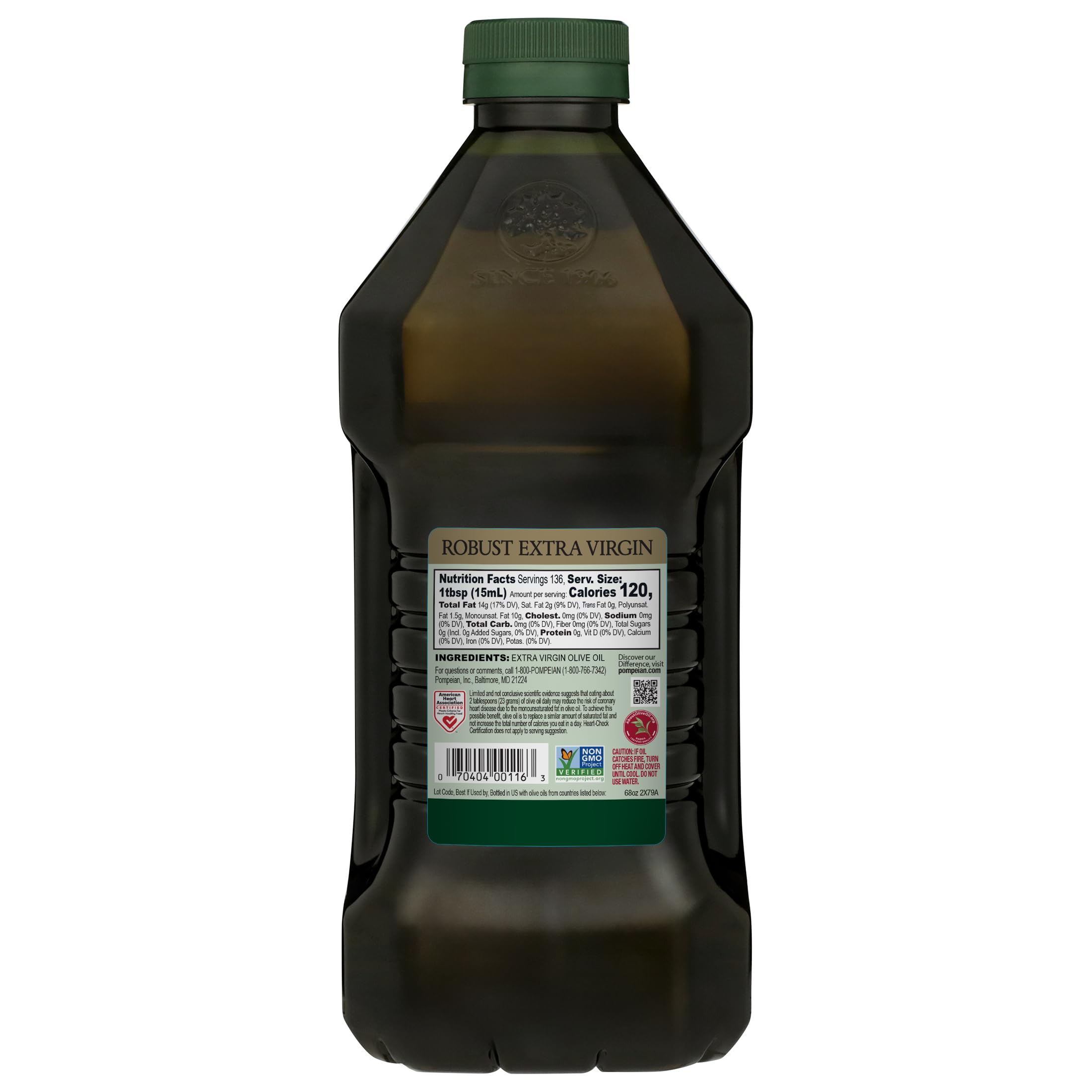 Pompeian robust extra virgin olive oil stored in pantry showing proper storage for prolonged freshness benefit