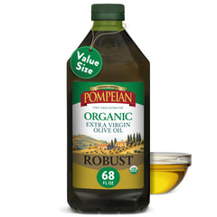Pompeian front bottle showing robust 2L packaging and organic badge for pantry convenience