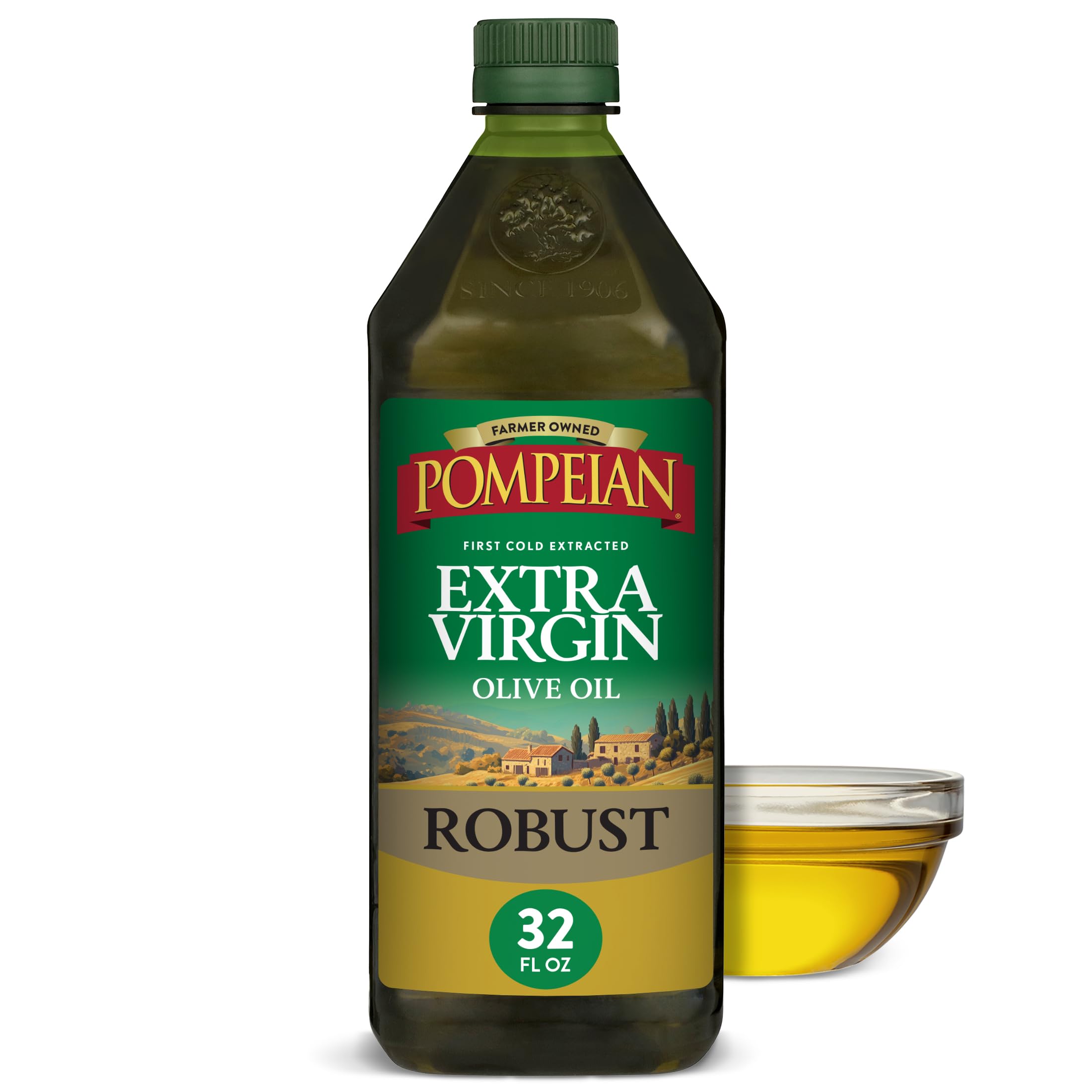 Pompeian bottle front view showing robust olive oil and clear branding benefit