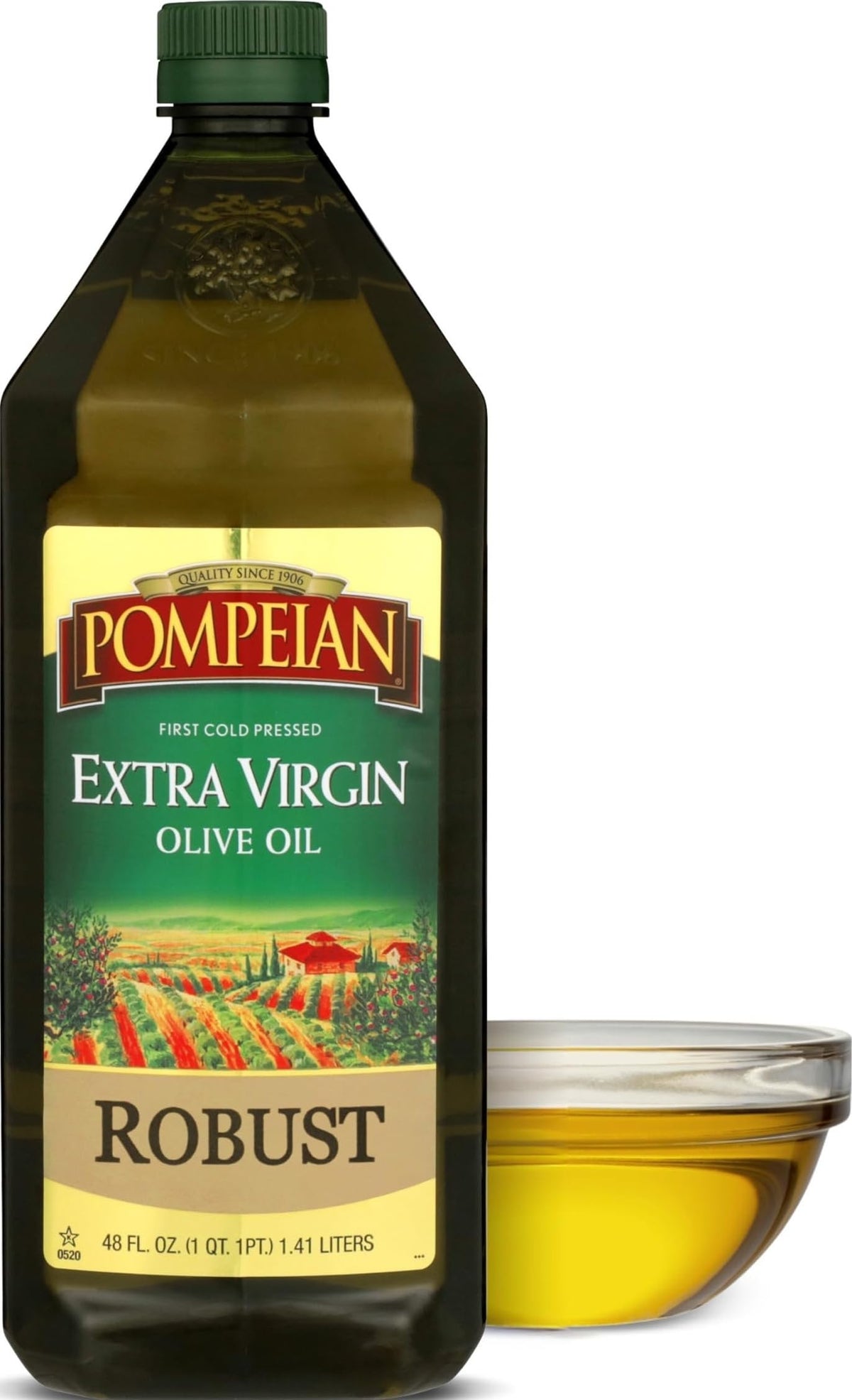 Pompeian bottle front label showing product name and size, clear product identity and benefit