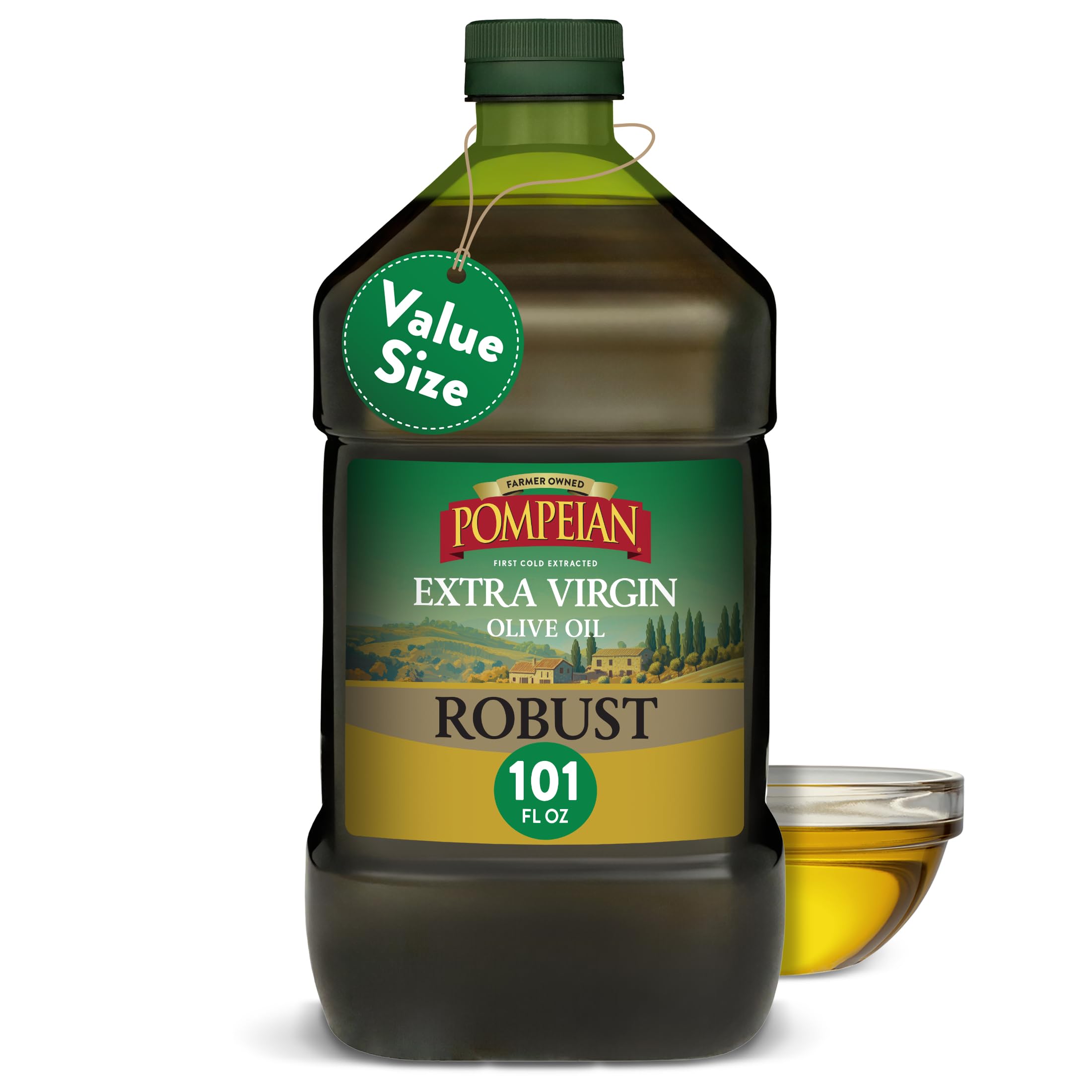Pompeian bottle front packaging showing 3 L robust EVOO and brand benefit