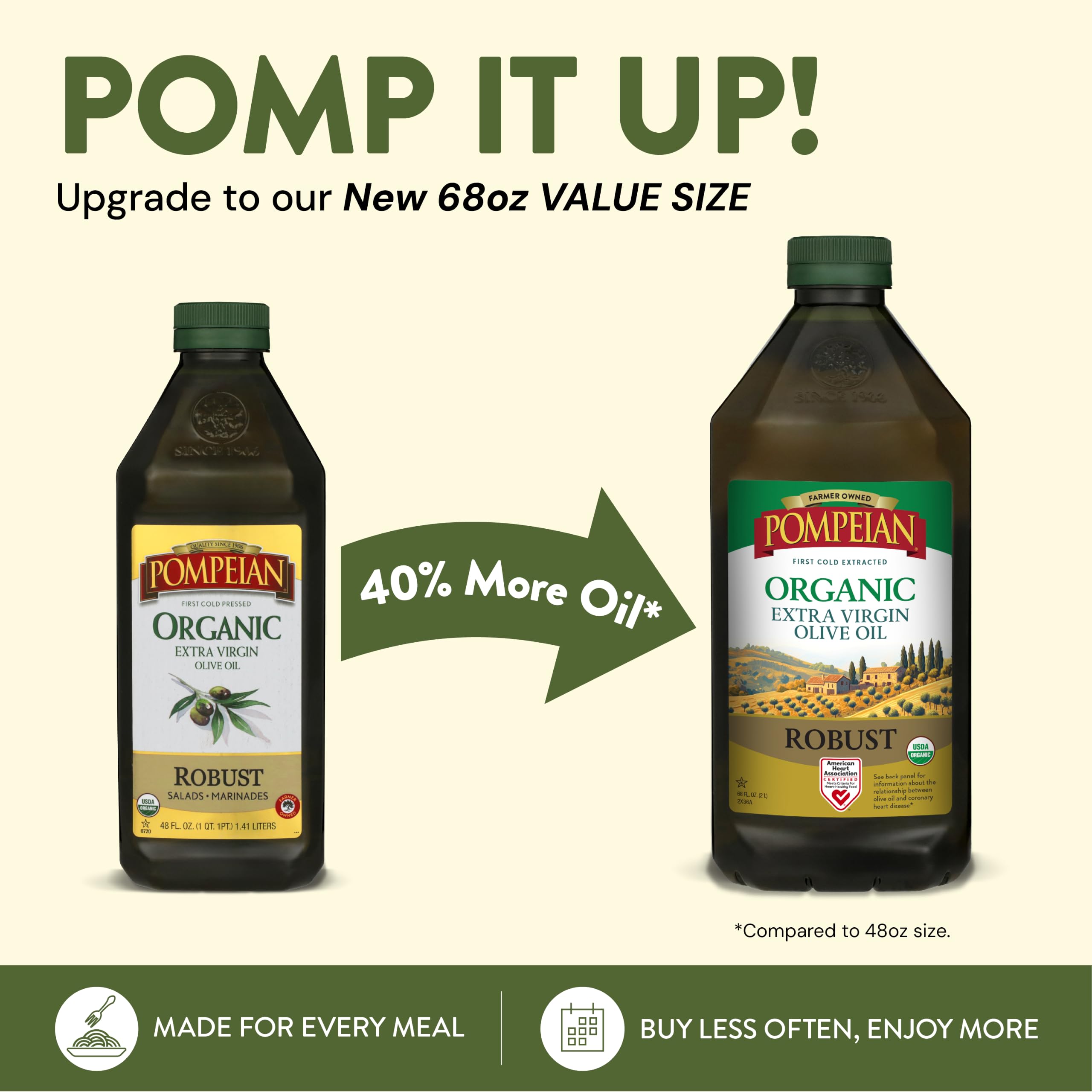 Pompeian oil pouring from bottle demonstrating rich flavor for cooking and finishing