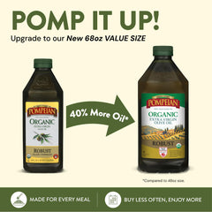 Pompeian oil pouring from bottle demonstrating rich flavor for cooking and finishing