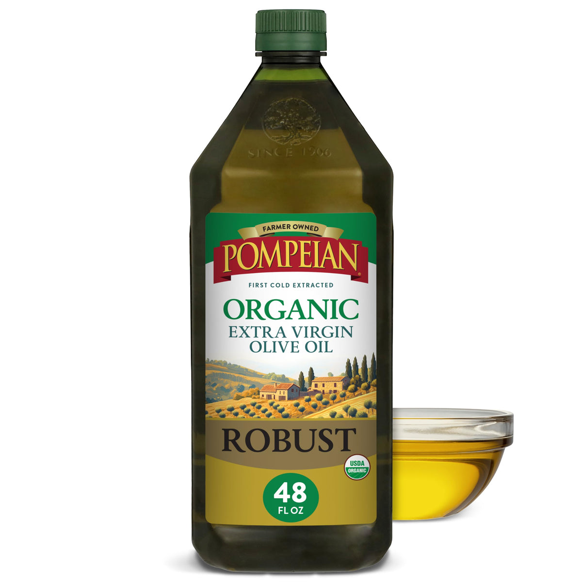 Pompeian robust organic front label showing bold packaging and authenticity