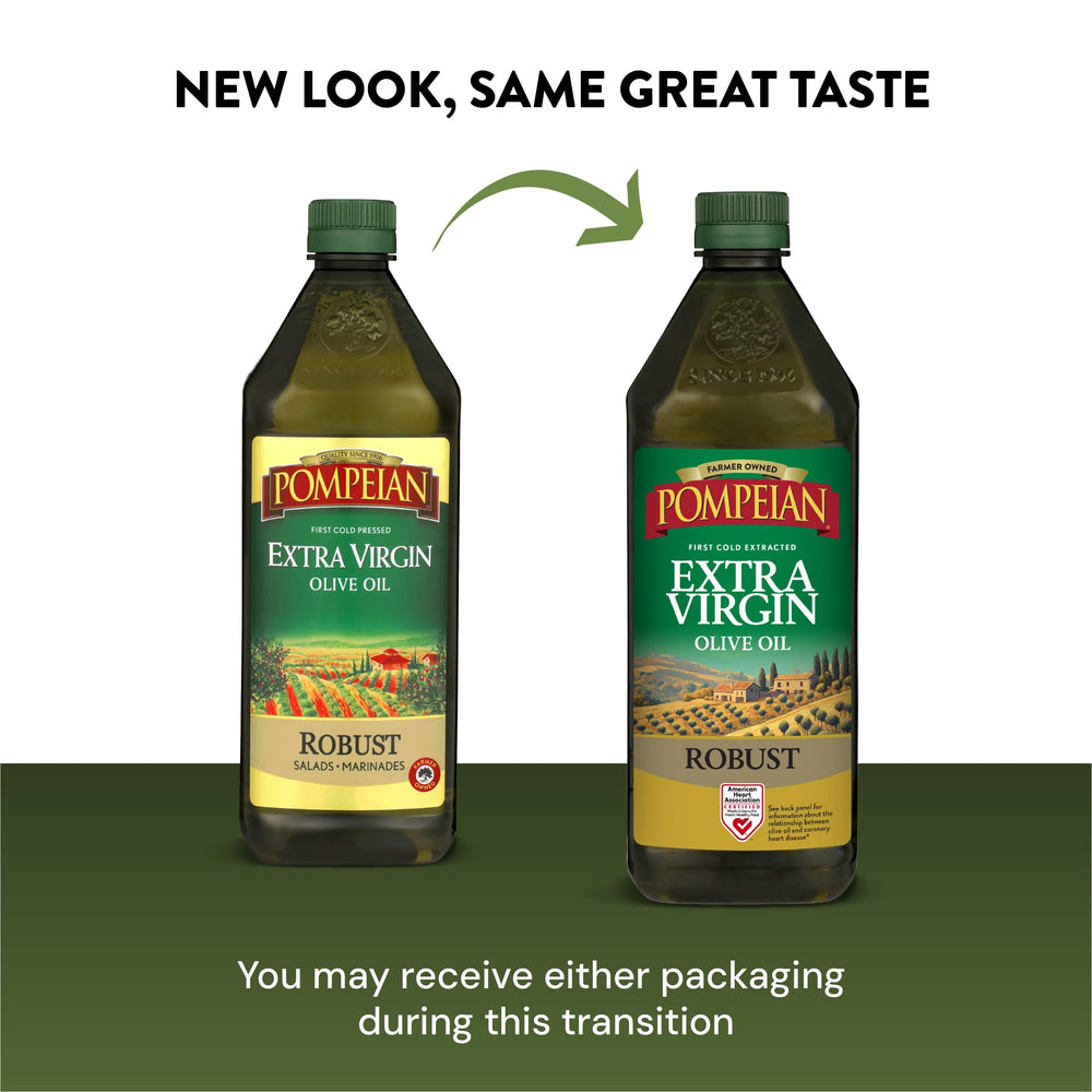 Pompeian 3 L bottle next to a standard bottle showing bulk value