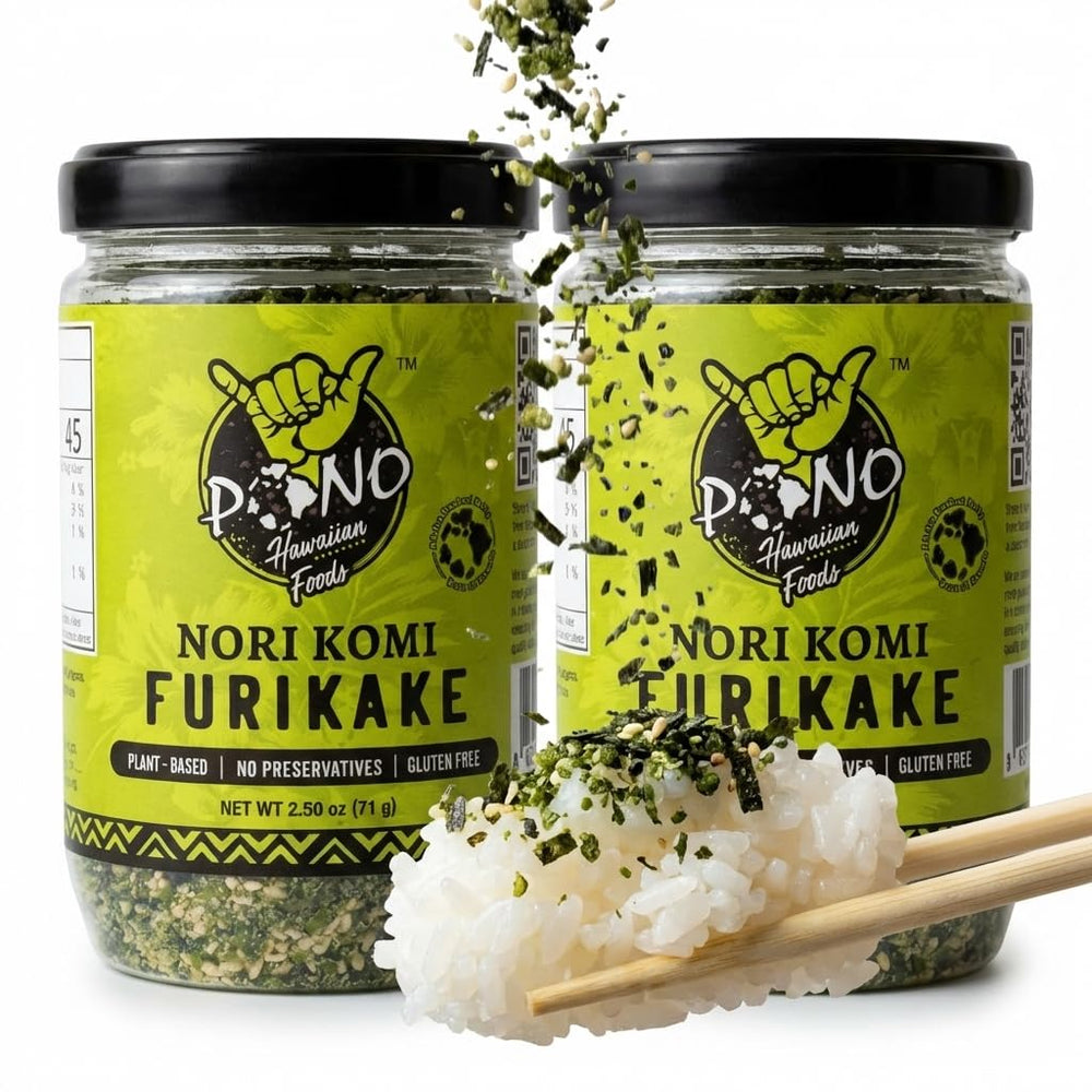 Pono Hawaiian front packaging showing two furikake jars and labels for convenience