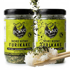 Pono Hawaiian front packaging showing two furikake jars and labels for convenience