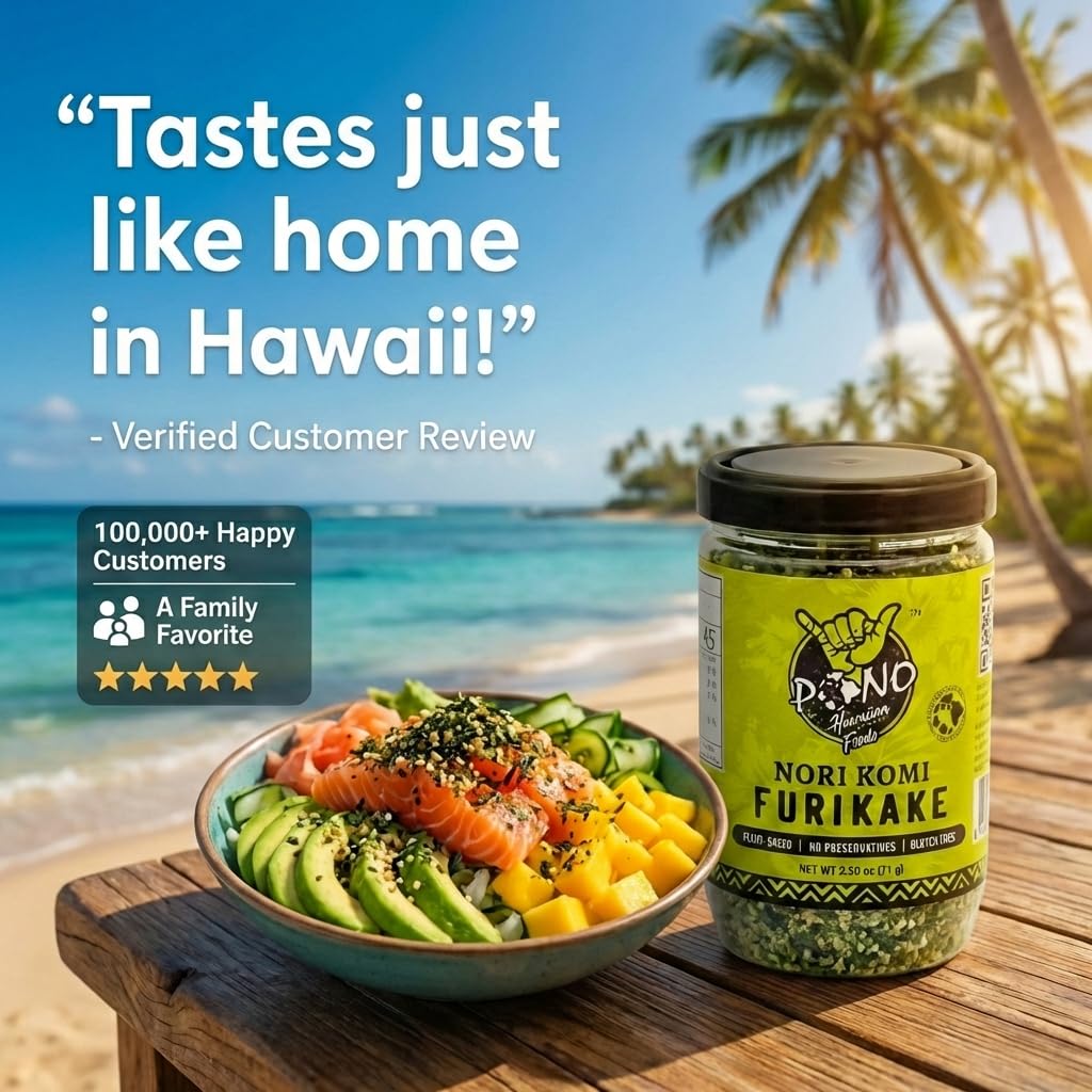 Pono Hawaiian furikake ingredients flatlay with nori and sesame for purity
