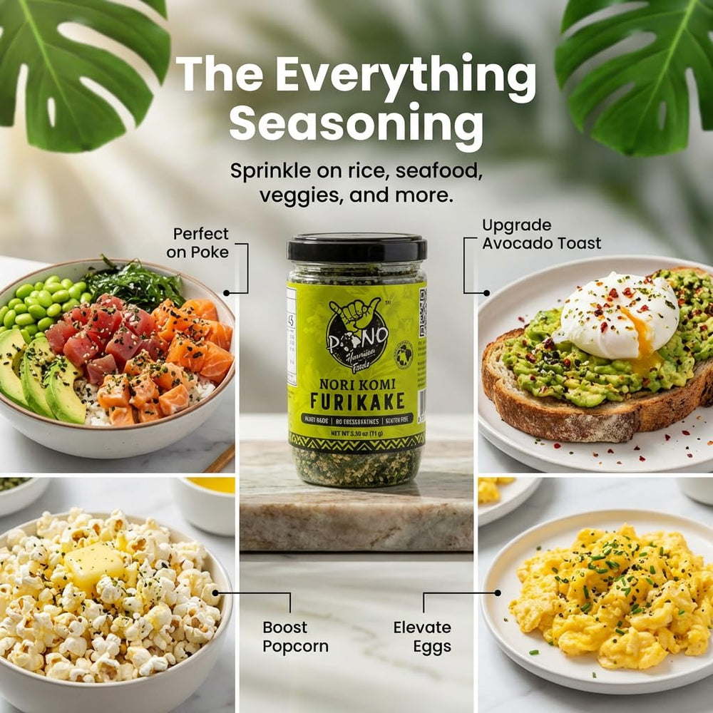 Pono Hawaiian furikake sprinkled over steamed rice enhancing flavor profile