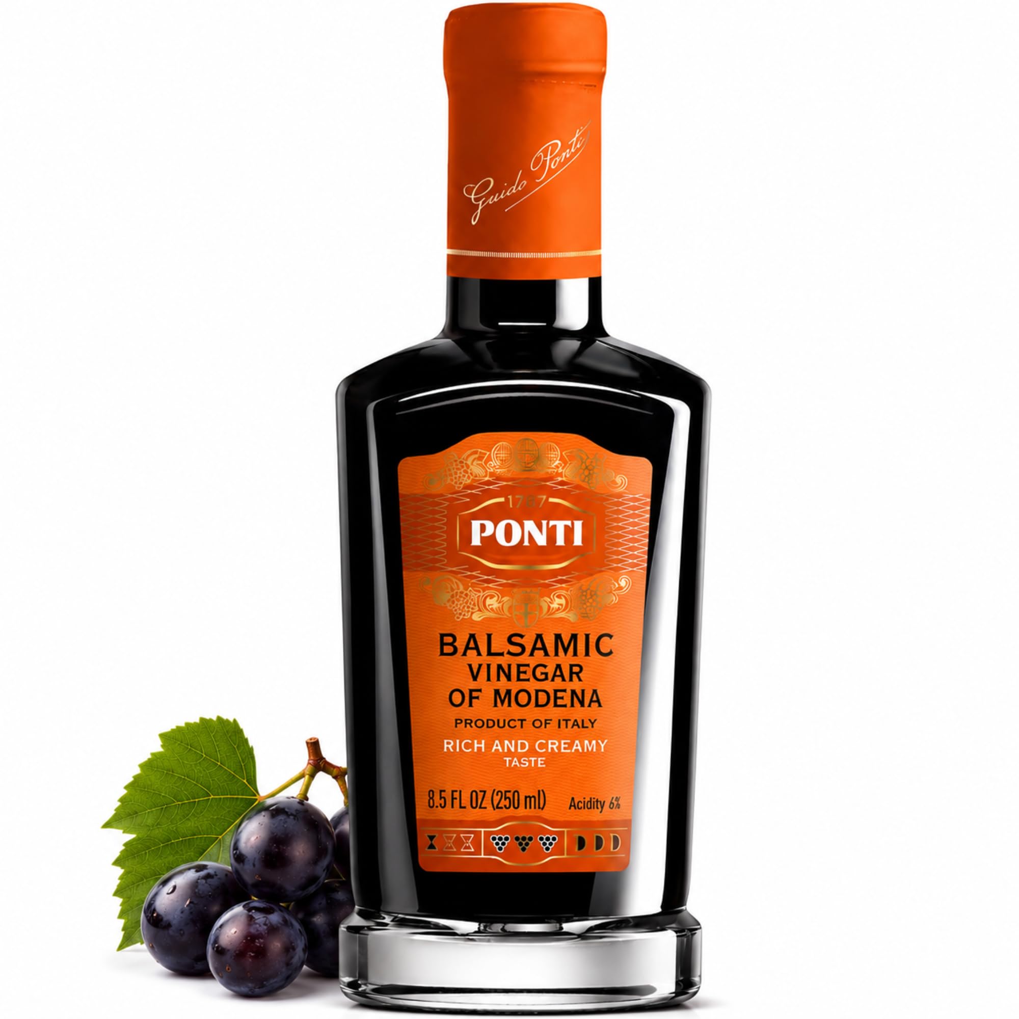PONTI bottle front label showing organic balsamic benefits